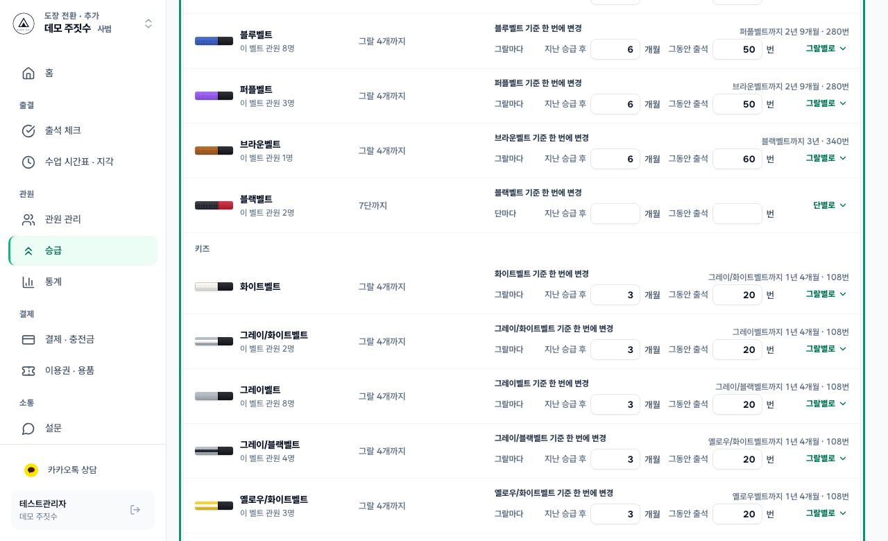 승급 기준 탭 화면